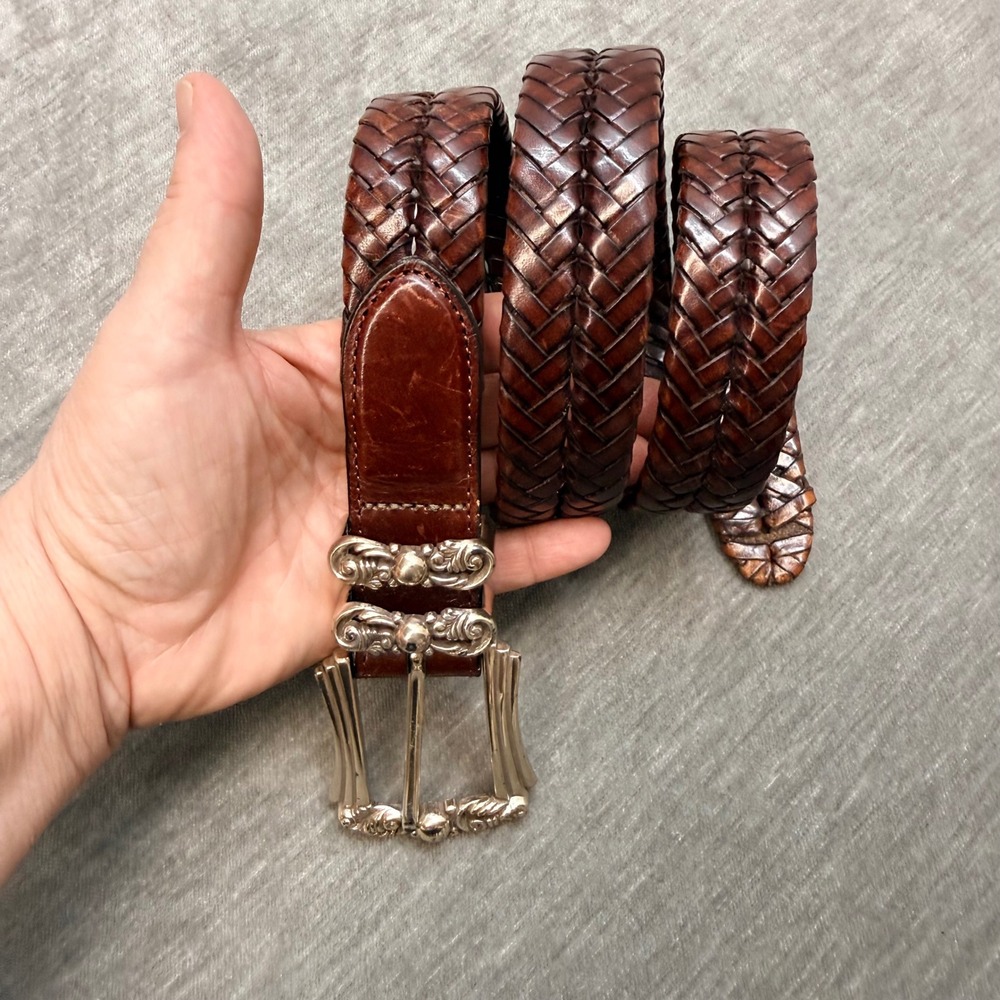 Brighton Womens Cognac Brown Braided Leather Belt Ornate Silver Buckle Size L 34